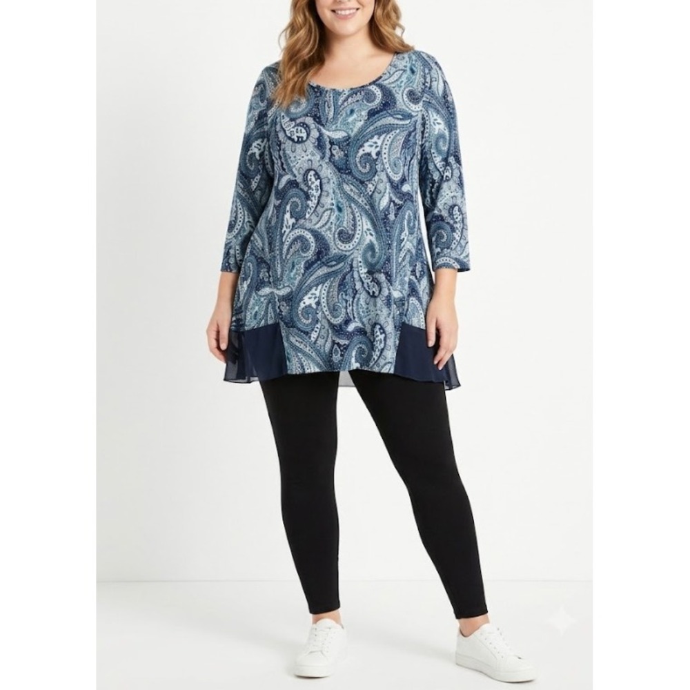 Avenue Tunic Top size 26/28 Blue Paisley Chiffon Trim 3/4 Sleeve Stretch Knit